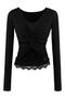 exquisite slight stretch stitching lace v-neck kink top(size run small)_Black
