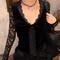 exquisite slight stretch velvet stitching lace v-neck kink top(size run small)_Black