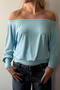 casual slight stretch off shoulder solid color t-shirts_Red_Sky Blue