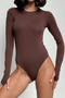 casual slight stretch crew neck solid color long sleeve bodysuit_Black_Haze Blue_Brown