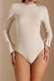 casual slight stretch crew neck solid color flared sleeves bodysuit_Black_Beige