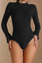 casual slight stretch crew neck solid color flared sleeves bodysuit_Black