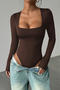 casual slight stretch square neck solid color slim bodysuit_Black_White_Brown