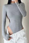 casual slight stretch crew neck solid color bodysuit(size run small)_Black_White_Gray