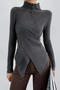 casual slight stretch ribbed knit high collar button sweaters(size run small)_Black_Dark Gray