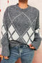 casual slight stretch knitted contrast color diamond pattern sweater_Gray