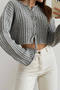 casual slight stretch solid color 6 colors lace-up crop cardigan_White_Gray