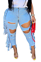 xl-5xl autumn new solid color micro-elastic holes tassels stylish grunge style jeans (without belt)_Sky Blue