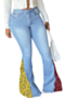 plus size autumn new stylish solid color stitching stretch casual flare jeans_Sky Blue