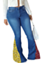 plus size autumn new stylish solid color stitching stretch casual flare jeans_Sky Blue_Blue