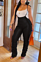 autumn new plus size three colors micro-elastic tie-shoulder zip-up back bottom stacked stylish pu sling trousers_Black
