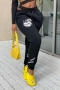 spring plus size two colors letter fixed printing stretch tie-waist pockets casual pants_Black