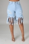 summer new stylish solid color ripped mid waist tassel pocket zip-up plus size casual denim shorts_Black_Sky Blue