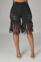 summer new stylish solid color ripped mid waist tassel pocket zip-up plus size casual denim shorts_Black