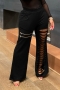 spring new stylish simple solid color stretch plus size zip-up pocket hole hollow casual flared pants_Black