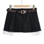 summer new stylish simple inelastic with belt zip-up pocket pleated sexy skort(with lining)_Black
