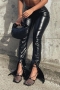 spring new plus size four colors solid color micro-elastic pu high waist low-slit stylish leather bell-bottoms_Black