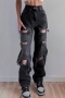 spring new solid color inelastic holes pockets button zip-up stylish straight jeans_Black