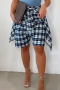 s-2xl summer new plus size three colors plaid printing micro-elastic stylish trend fake two-piece shorts_Blue