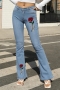 s-4xl spring plus size 4 colors flower fixed printing micro-elastic pockets button zip-up stylish flare jeans_Black_Sky Blue
