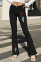 s-4xl spring plus size 4 colors flower fixed printing micro-elastic pockets button zip-up stylish flare jeans_Black