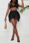 summer new 2 color beach tassel high-waist knitting stretch casual slim hollow shorts_Black
