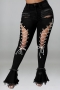 s-xl  summer new micro-elastic hollow lace-up button zip-up pockets denim flared pants_Black