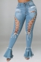 2xl-5xl plus size summer new solid color pockets cutout stylish lace-up button zip-up micro-elastic stretch denim flared pants_Black_Blue