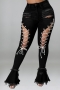 2xl-5xl plus size summer new solid color pockets cutout stylish lace-up button zip-up micro-elastic stretch denim flared pants_Black