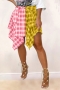 summer new plus size 3 colors contrast color checked batch printing micro-elastic lace up irregular stylish street skirt_Black_Red_Pink