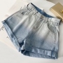 summer new 4 colors gradient color inelastic high waist pockets button zip-up stylish all-match denim shorts (size run small)_Black_Sky Blue
