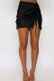 summer new 4 colors solid color inelastic satin drawstring slim stylish mini skirt_Black