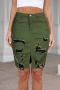 s-2xl plus size summer new 3 colors micro elastic solid color ripped split zip-up button pocket slim stylish mini denim skirt_Dark Green