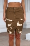 s-2xl plus size summer new 3 colors ripped micro elastic split zip-up button pocket slim fashion mini denim skirt_Brown