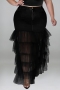 xl-5xl summer new plus size three colors denim mesh spliced micro-elastic pockets button zip-up stylish maxi skirt (only skirt)_Black