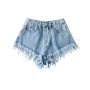 xs-xl summer new two colors slight stretch high waist pockets button tassel raw edge hot stylish all-match denim shorts_Sky Blue
