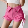 summer new 4 colors pure color slight stretch high waist zip-up pockets drawstring stylish all-match shorts_Black_White_Brown_Pink