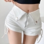 summer new 4 colors pure color slight stretch high waist zip-up pockets drawstring stylish all-match shorts_Black_White