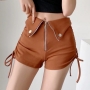 summer new 4 colors pure color slight stretch high waist zip-up pockets drawstring stylish all-match shorts_Black_White_Brown