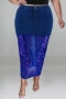xl-5xl summer new plus size three colors sequin decor see through mesh denim patchwork slight stretch pockets button zip-up stylish sexy long skirt_Black_Sky Blue_Dark Blue