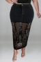 xl-5xl summer new plus size three colors sequin decor see through mesh denim patchwork slight stretch pockets button zip-up stylish sexy long skirt_Black