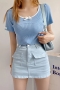 xs-xl summer new 8 colors solid color micro elastic pocket button zip-up high waist fashion denim mini skirt(with lining)_Black_White_Dark Green_Sky Blue