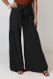 autumn new 6 colors pure color non-stretch wide-leg high waist lace-up stylish casual pants_Black