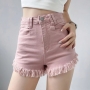 summer new 4 colors solid color micro elastic button zip-up pocket slim fashion denim shorts_Black_White_Beige_Pink