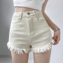 summer new 4 colors solid color micro elastic button zip-up pocket slim fashion denim shorts_Black_White_Beige