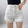 summer new 4 colors solid color micro elastic button zip-up pocket slim fashion denim shorts_Black_White
