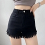 summer new 4 colors solid color micro elastic button zip-up pocket slim fashion denim shorts_Black