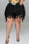 xl-5xl summer new plus size three colors slight stretch tassel pockets button zip-up stylish all-match denim shorts (without belt)_Black