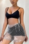 summer new 7-colors stylish fishnet see-through slight stretch rhinestone lace-up sexy skirt(unlined)_Black_White