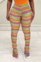 autumn new stylish 5 colors colorful stripes knitted slight stretch high waist plus size casual pants_Black_Purple_Light Green